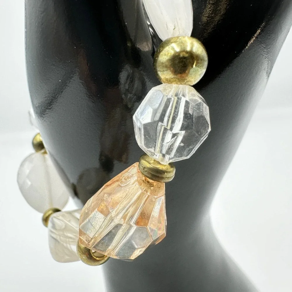 Vintage Pastel Beaded Stretch Bracelet Clear Peach Cream Faceted Chunky Boho Y2K